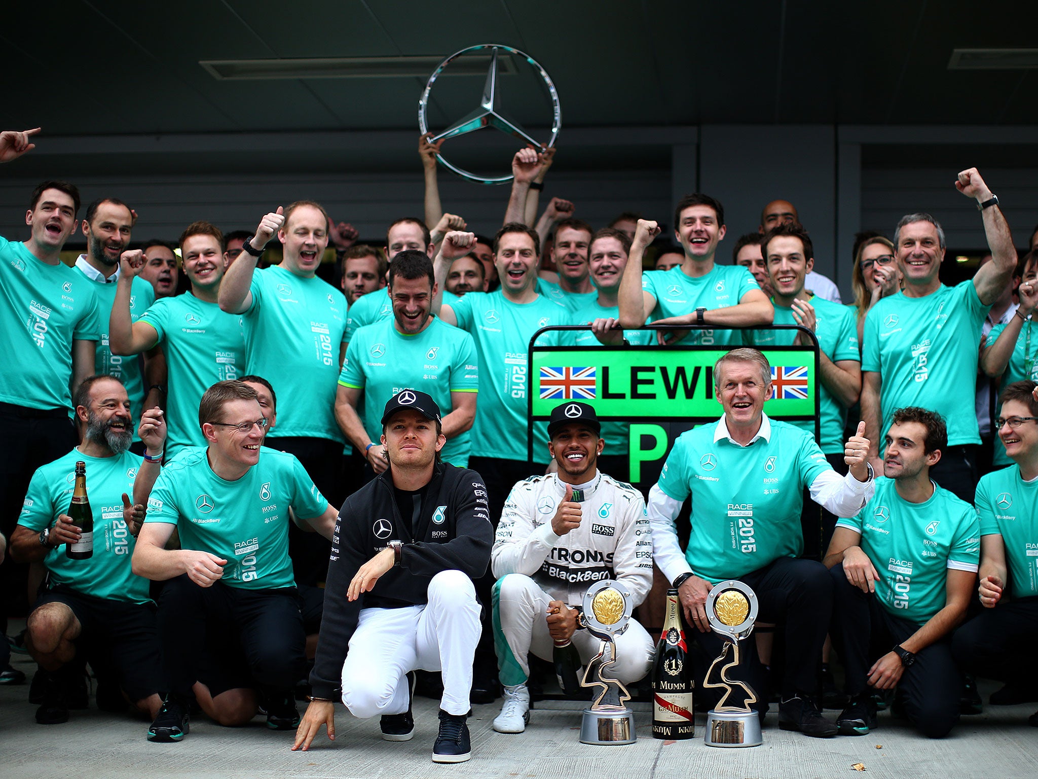 Mercedes celebrate after Lewis Hamilton wins the Russian Grand Prix