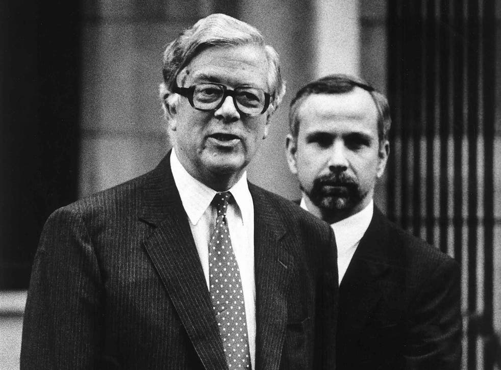 Howe, far left, on his way to make his resignation speech in the Commons in 1990