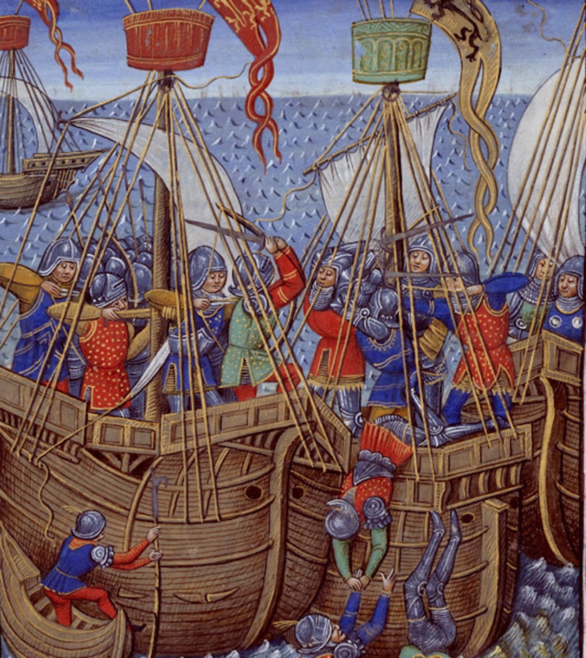 The sea battle illumination shows a naval engagement in the 15th century - between English and enemy ships