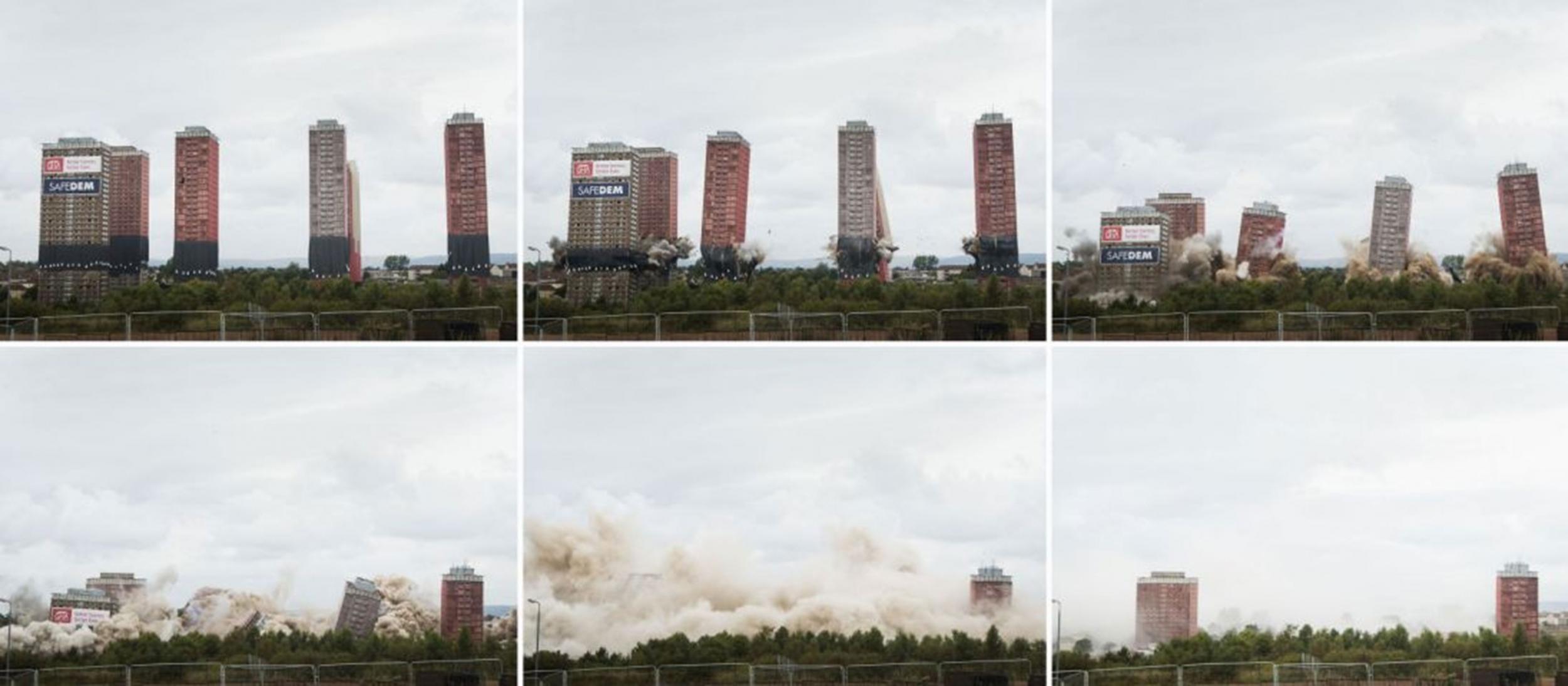 Composite photograph showing six Red Road multi-storey flats being demolished in a controlled explosion in Glasgow, Scotland, as part of Glasgow Housing Association's plan to regenerate communities across the city.