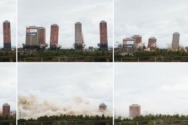 Composite photograph showing six Red Road multi-storey flats being demolished in a controlled explosion in Glasgow, Scotland, as part of Glasgow Housing Association's plan to regenerate communities across the city.