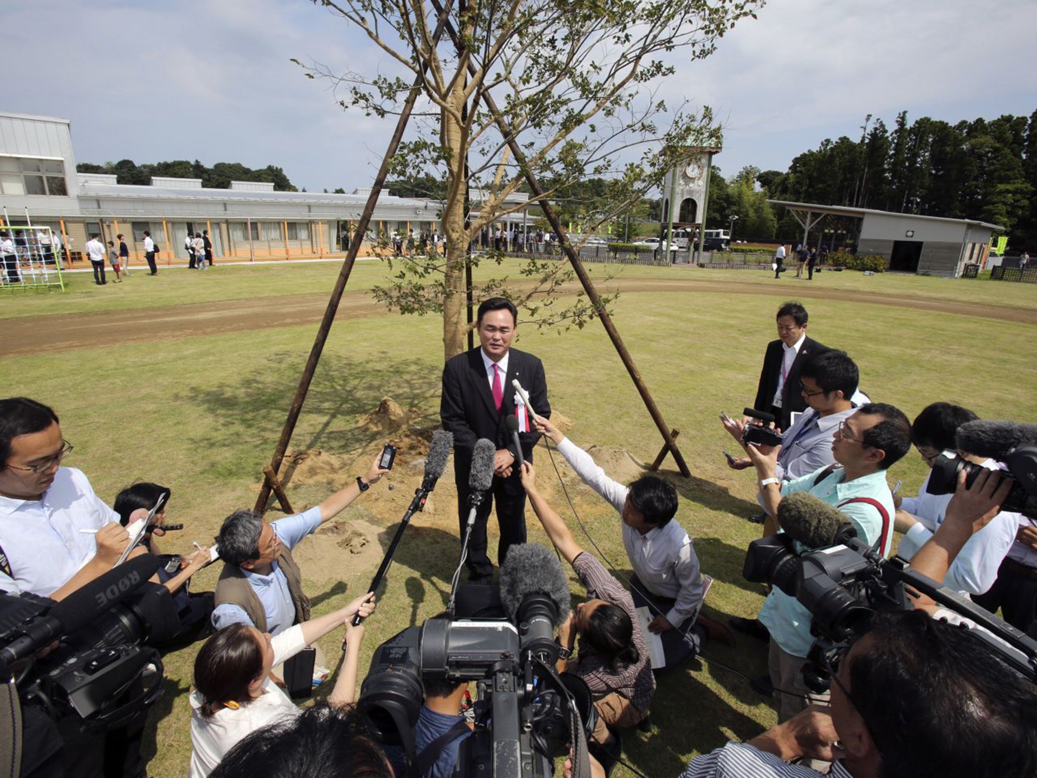 Mayor Yukiei Matsumoto speaks to journalists in Narahat