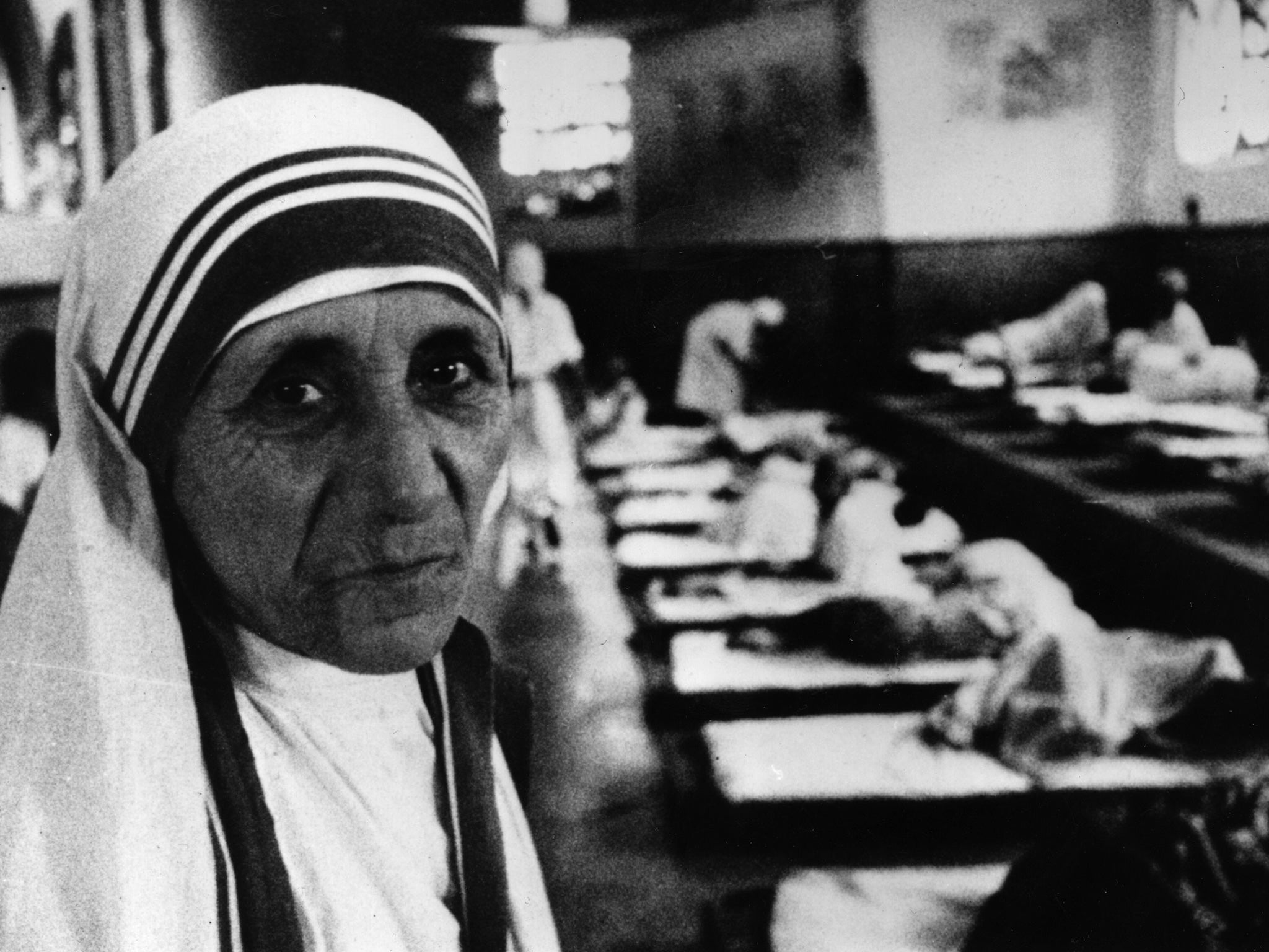 Mother Teresa seen in one of her Indian hospitals around the time she was awarded the Templeton Prize for Progress