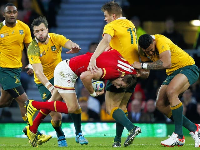Wales back Liam Williams is stopped in his tracks by the Australia defence on Saturday