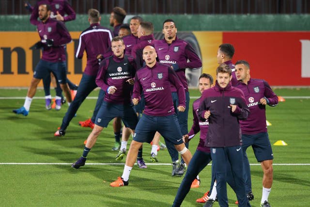 Jonjo Shelvey trains with the England squad in Lithuania yesterday