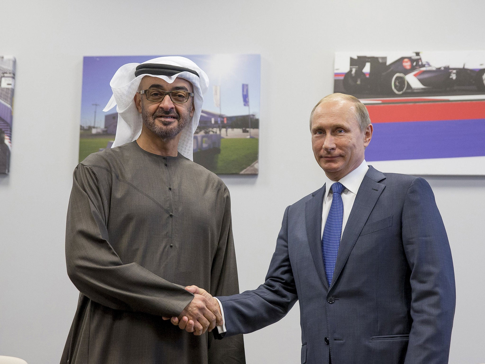 Russian President Vladimir Putin meets Abu Dhabi's Crown Prince Sheikh Mohammed bin Zayed Al Nahyan in Sochi to discuss security in the Middle East and the conflict in Syria, 11 Oct 2015
