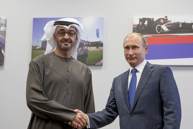 Russian President Vladimir Putin meets Abu Dhabi's Crown Prince Sheikh Mohammed bin Zayed Al Nahyan in Sochi to discuss security in the Middle East and the conflict in Syria, 11 Oct 2015