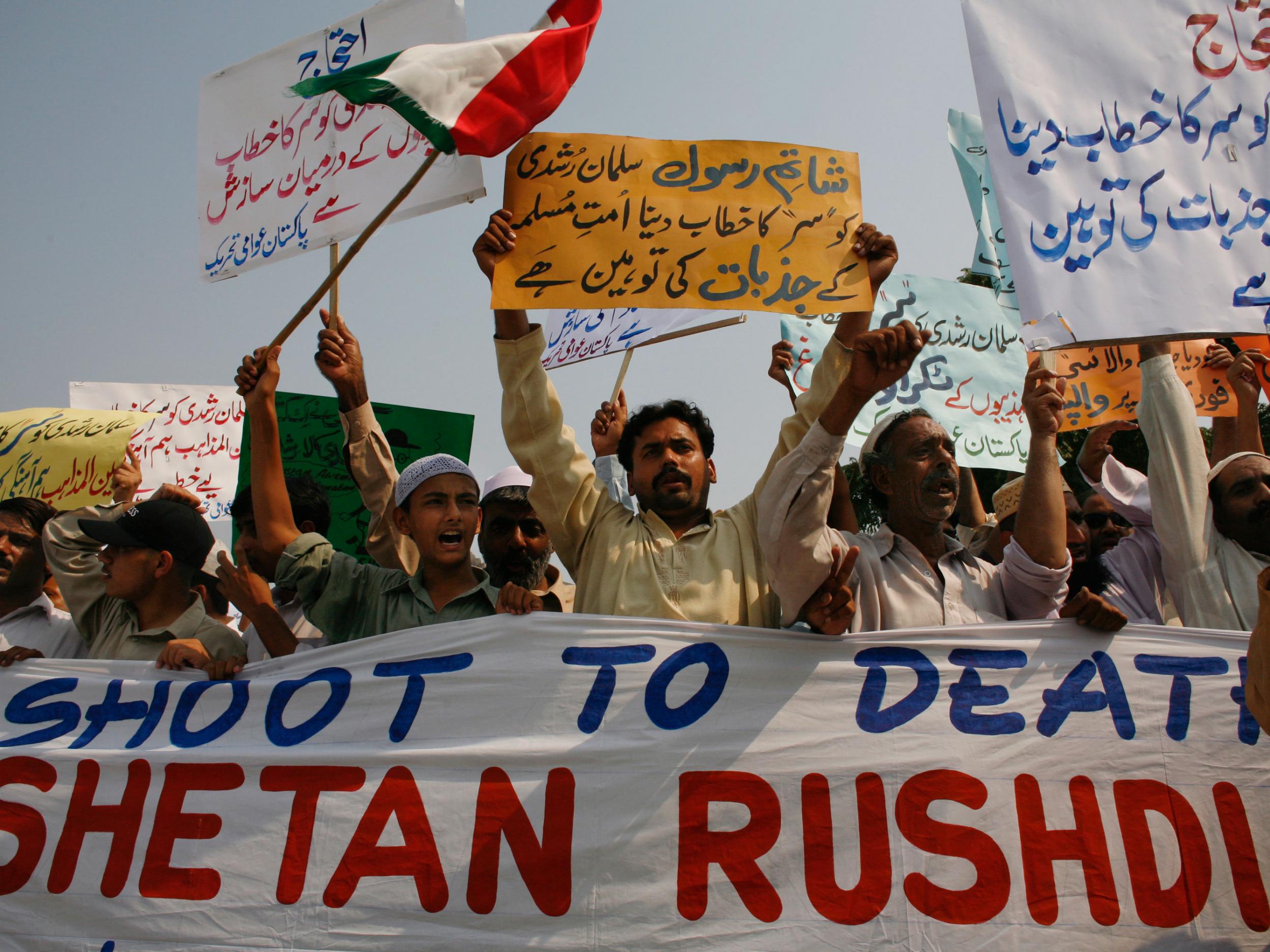 Protesters chant slogans to condemn Britain's knighting of Salman Rushdie in 2007