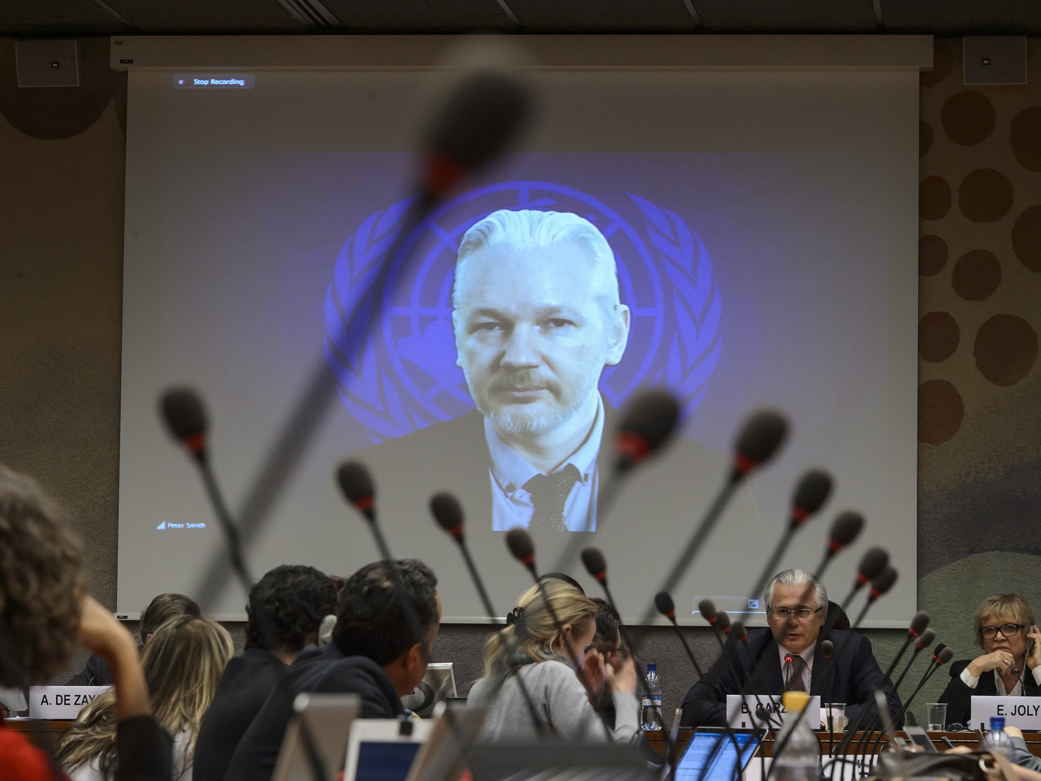Julian Assange speaking via web cast from the Ecuadorian Embassy during an event on the sideline of the United Nations (UN) Human Rights Council session