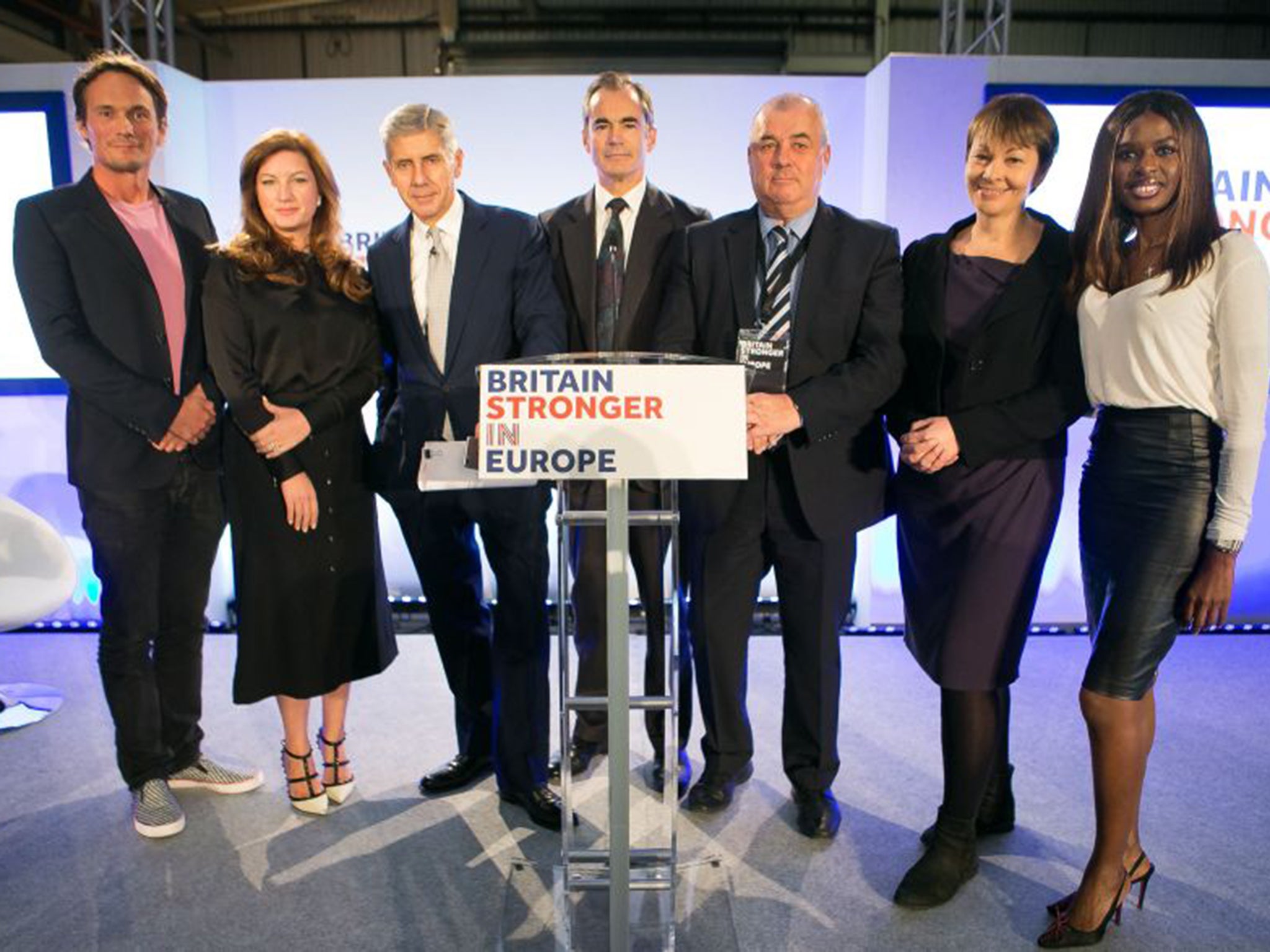 The launch of the Britain Stronger in Europe campaign in London yesterday, fronted by (left to right) Richard Reed, Karren Brady, Stuart Rose, Roland Rudd, Brendan Barber, Caroline Lucas and June Sarpong