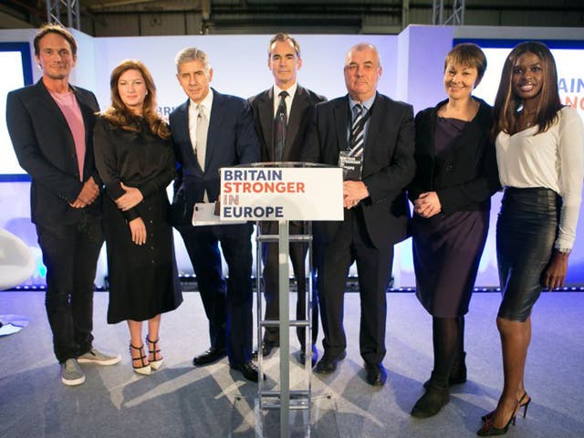 The launch of the Britain Stronger in Europe campaign in London yesterday, fronted by (left to right) Richard Reed, Karren Brady, Stuart Rose, Roland Rudd, Brendan Barber, Caroline Lucas and June Sarpong