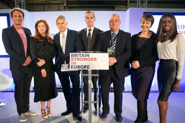 The launch of the Britain Stronger in Europe campaign in London yesterday, fronted by (left to right) Richard Reed, Karren Brady, Stuart Rose, Roland Rudd, Brendan Barber, Caroline Lucas and June Sarpong