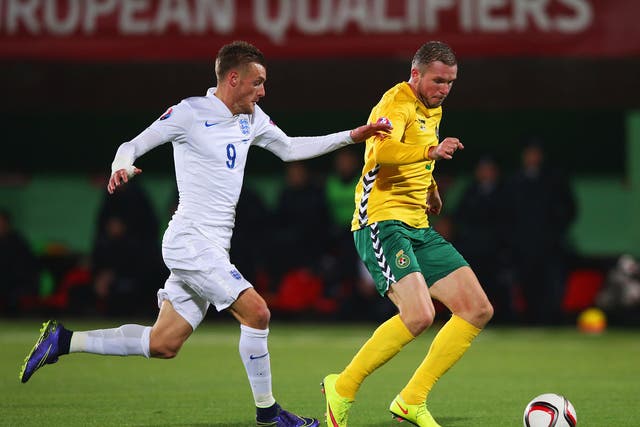 Leicester's Jamie Vardy (left) in action for the Three Lions