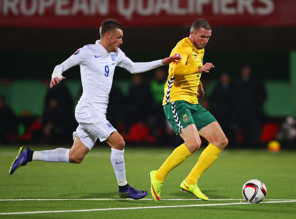 Leicester's Jamie Vardy (left) in action for the Three Lions