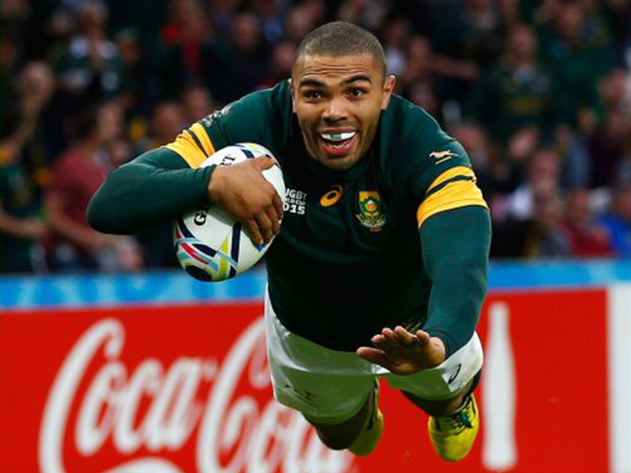 Bryan Habana scoring one of his five tries, against the United States in South Africa’s pool stage win