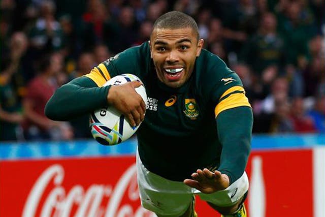Bryan Habana scoring one of his five tries, against the United States in South Africa’s pool stage win