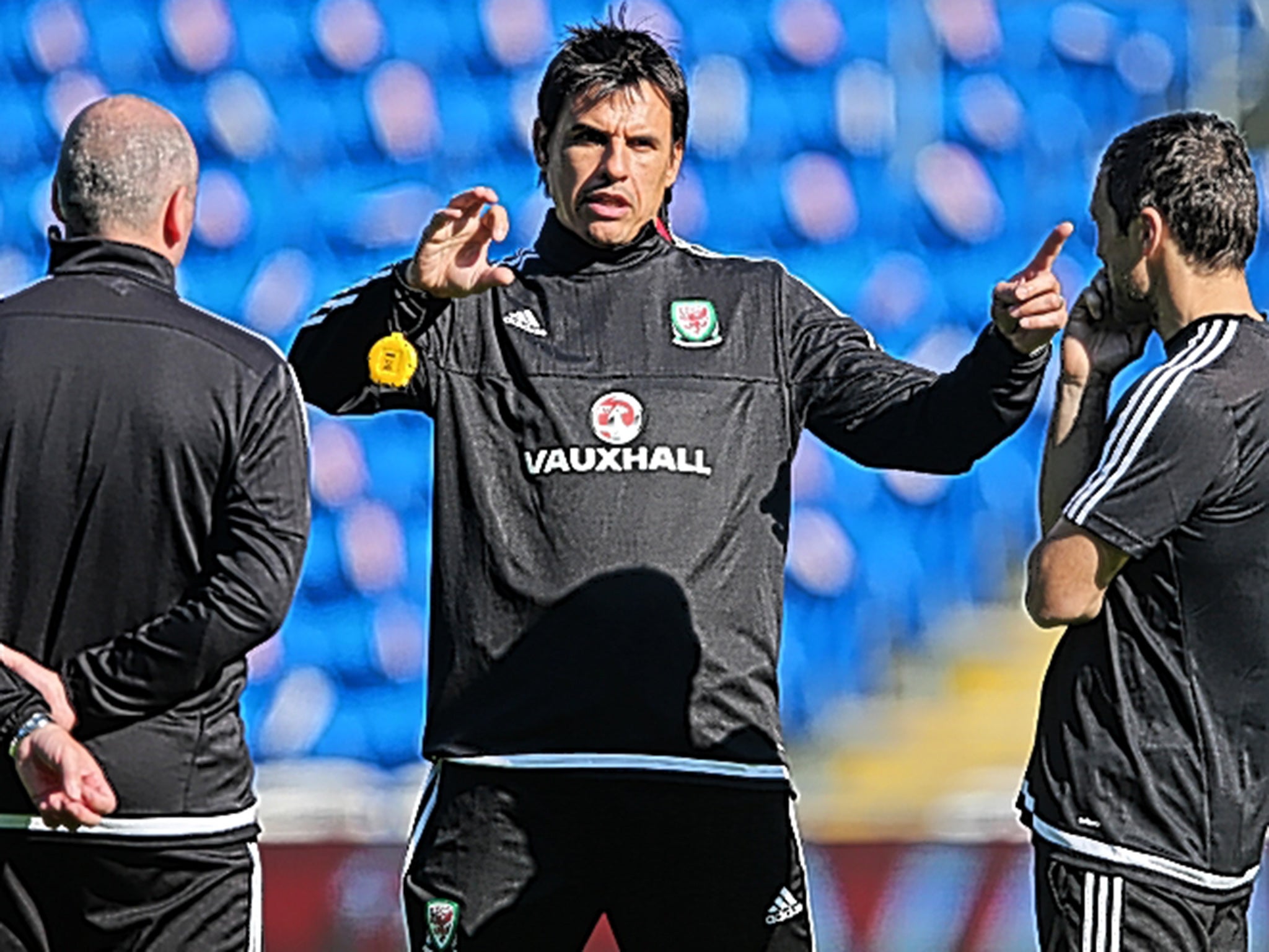 The Wales manager, Chris Coleman, during training at the Cardiff City Stadium yesterday for the final group fixture against Andorra