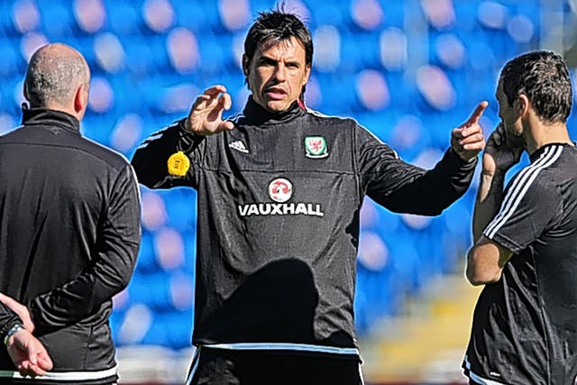 The Wales manager, Chris Coleman, during training at the Cardiff City Stadium yesterday for the final group fixture against Andorra 