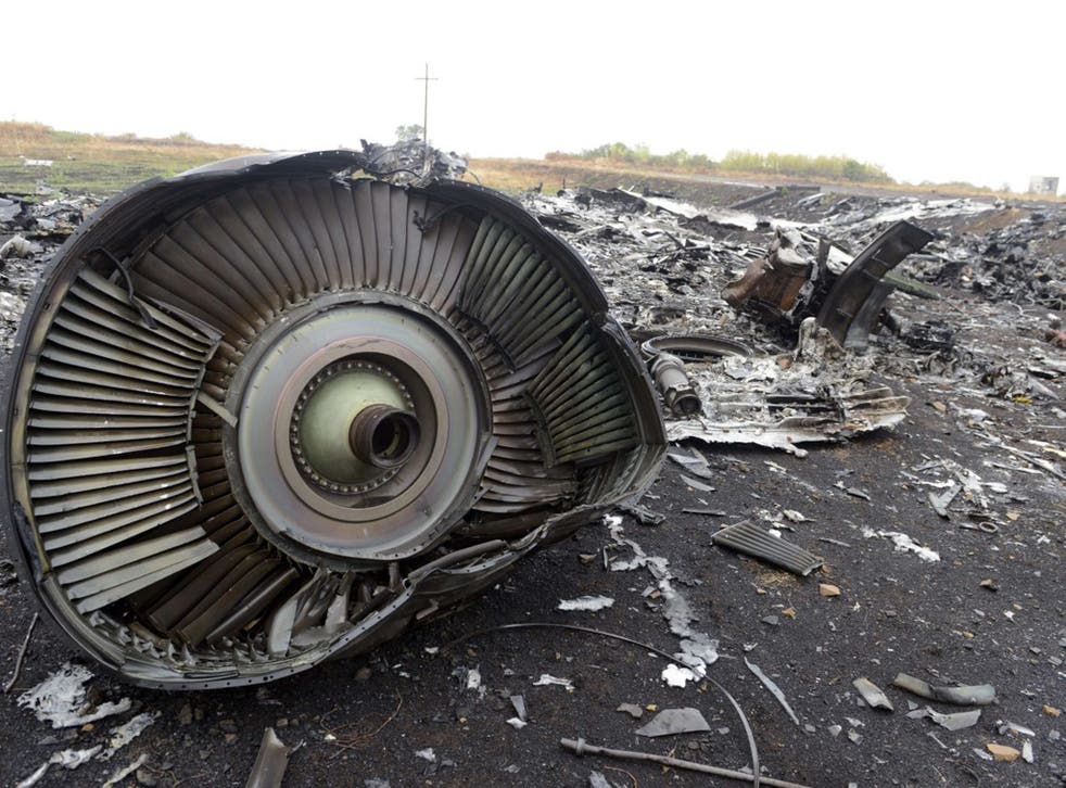 Part of the Malaysia Airlines Flight MH17 at the crash site in the village of Hrabove (Grabovo), some 80km east of the Ukranian city of Donetsk