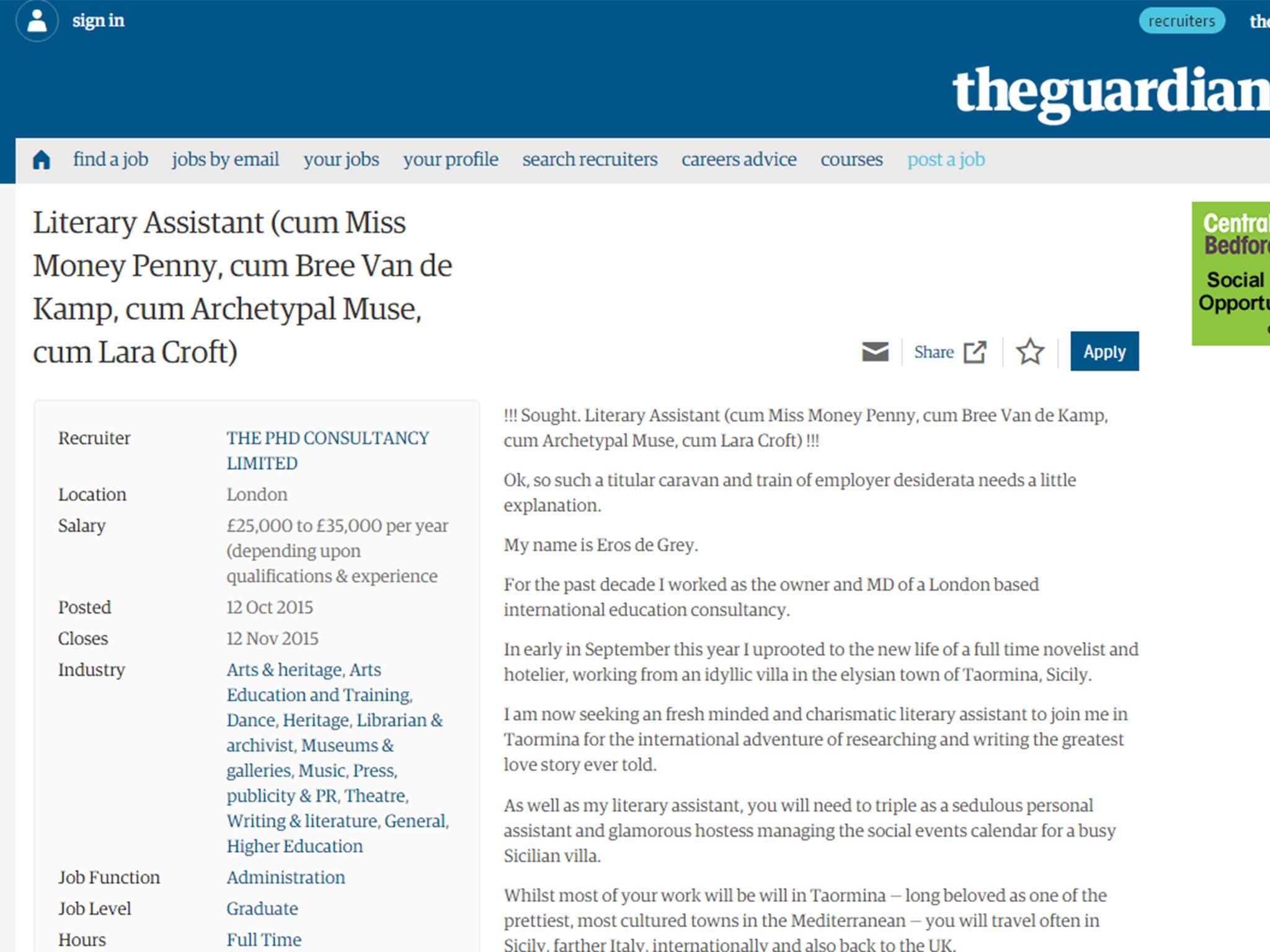 A screengrab of the 'worst advert ever' on Guardian Jobs