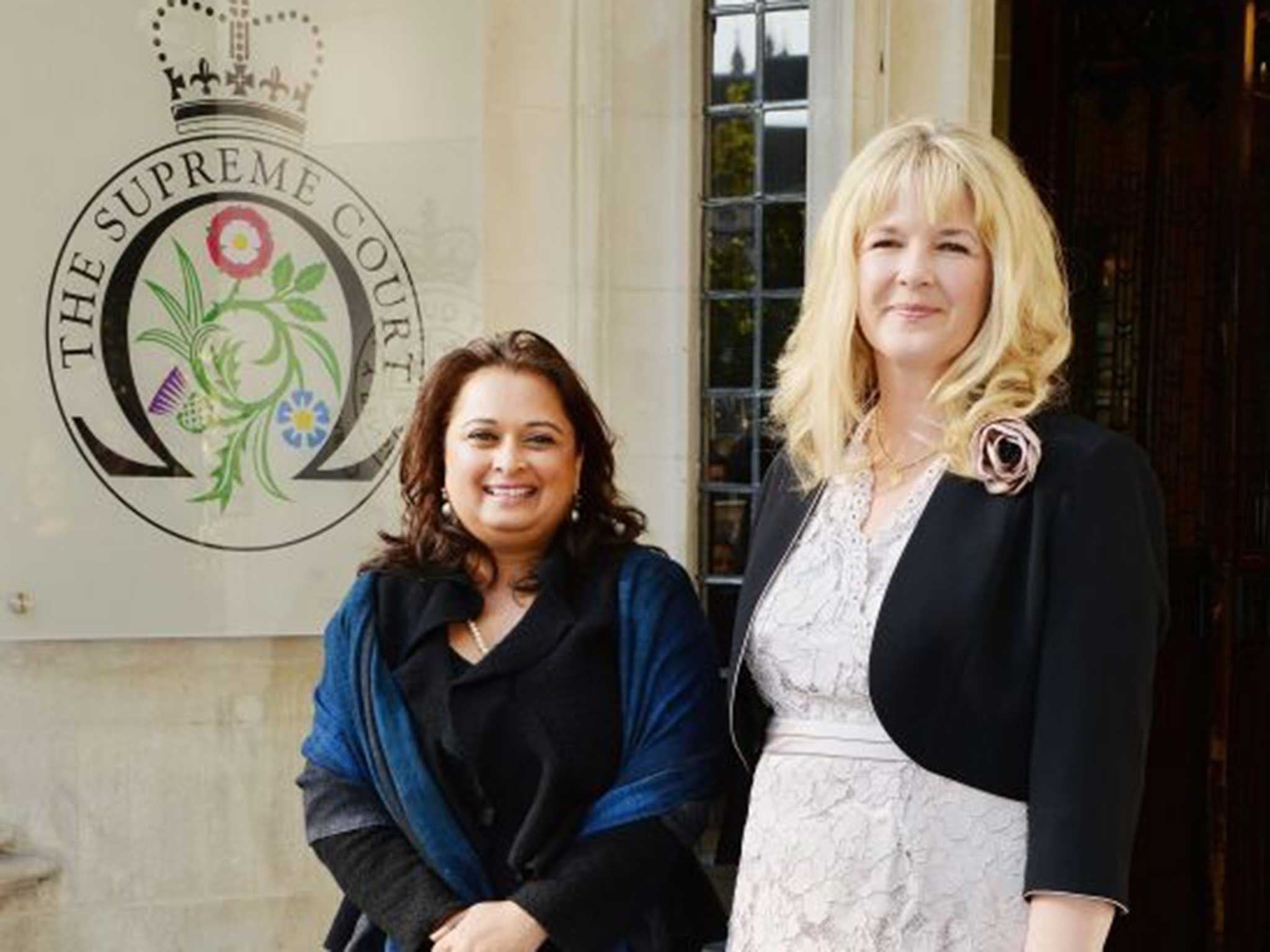 Ms Sharland and Ms Gohil (pictured outside the Supreme Court) said there were 'no winners' in divorce