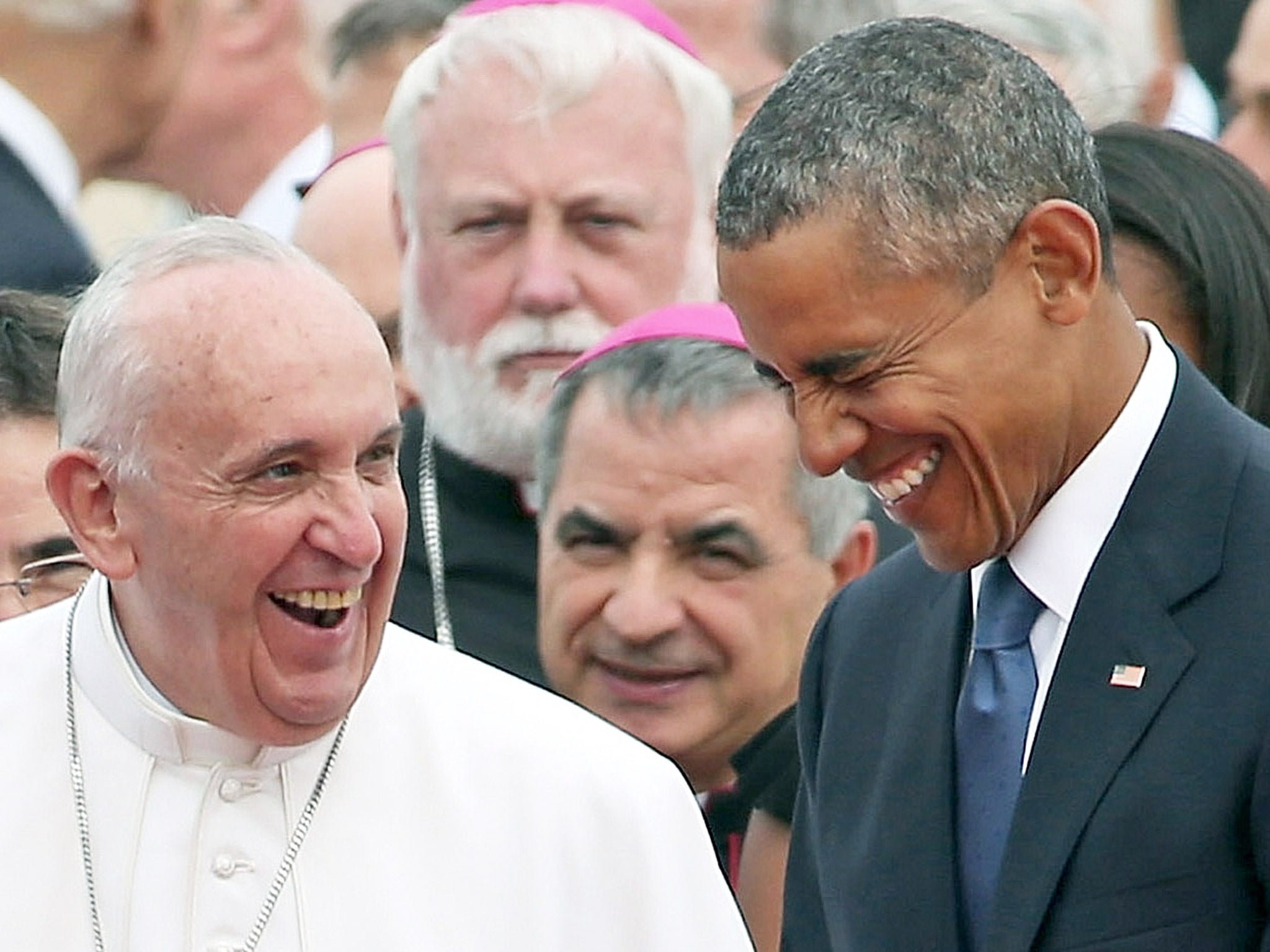 Pope Francis and President Obama share a joke during last month's Papal visit