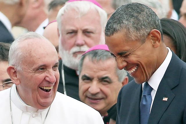 Pope Francis and President Obama share a joke during last month's Papal visit