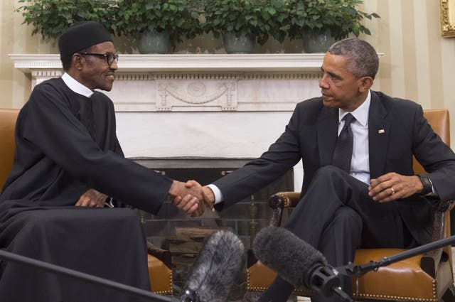 President Obama greets Nigerian President Muhammadu Buhari inside the Oval Office in July. The pair were expected to discuss the ongoing fight against Boko Haram.