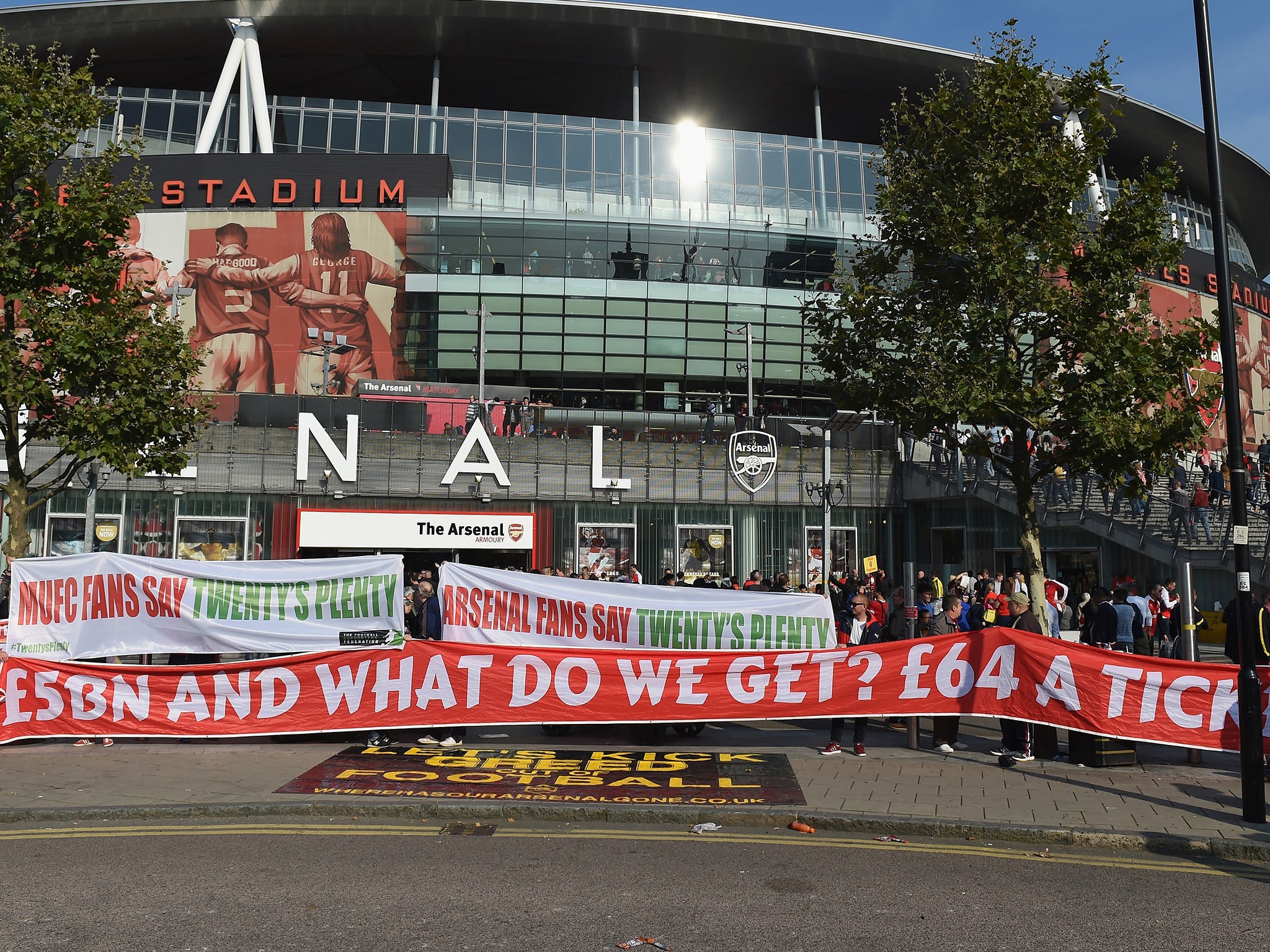 A banner in protest at ticket prices at the Emirates before Arsenal vs Liverpool in April