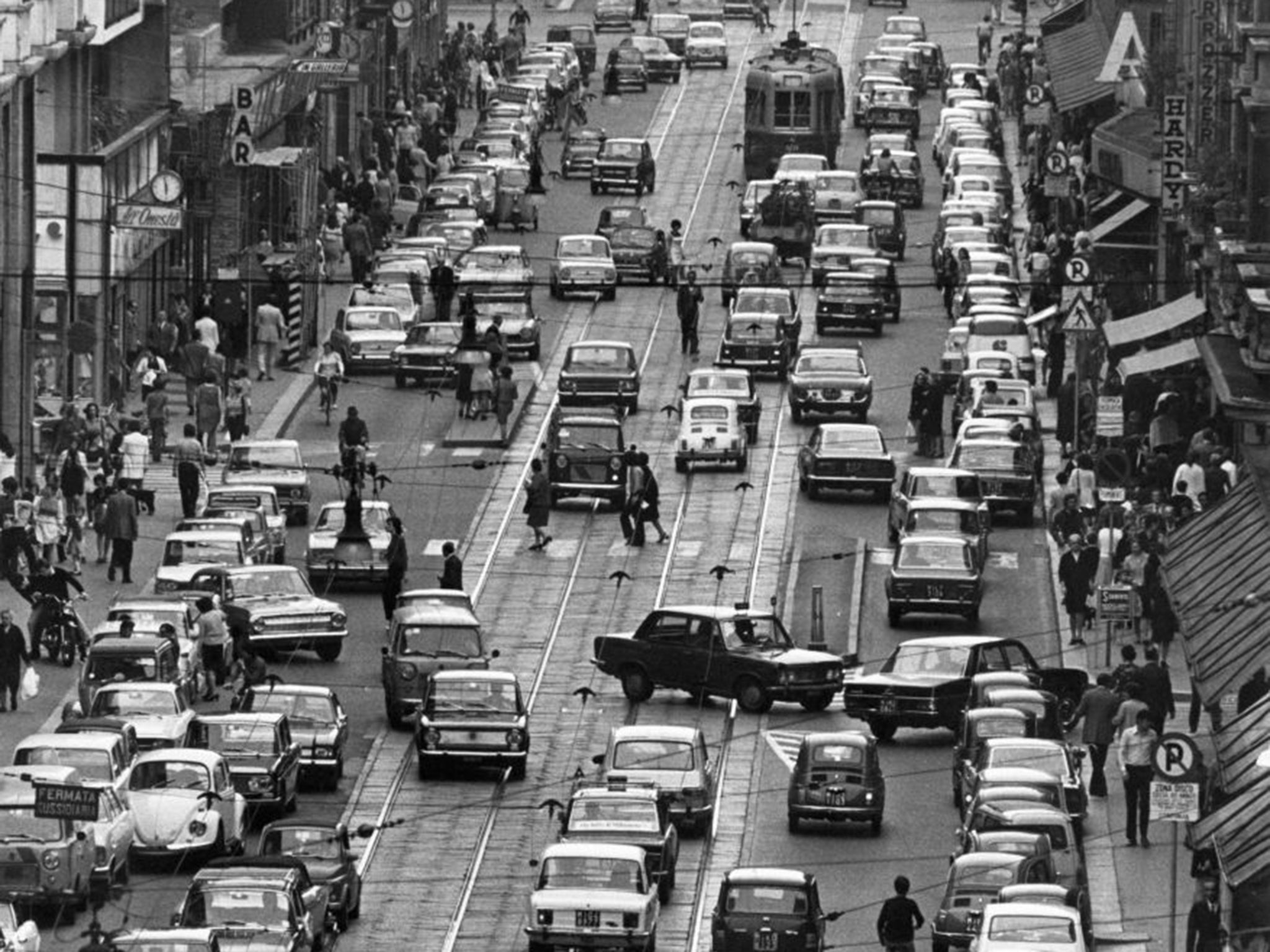 Traffic clogs the road in Milan in 1971