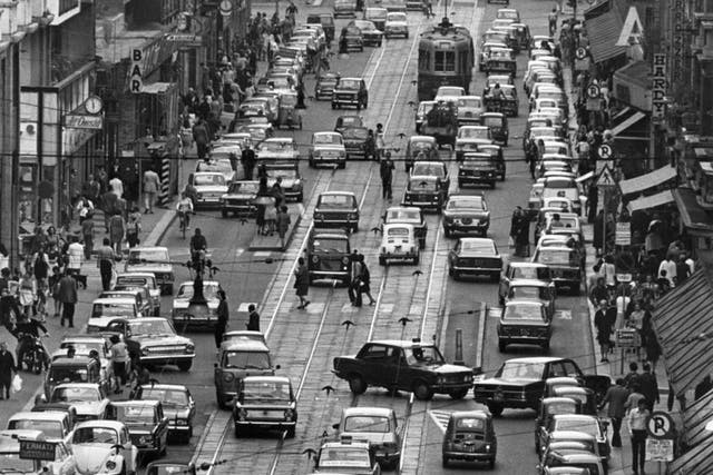 Traffic clogs the road  in Milan  in 1971