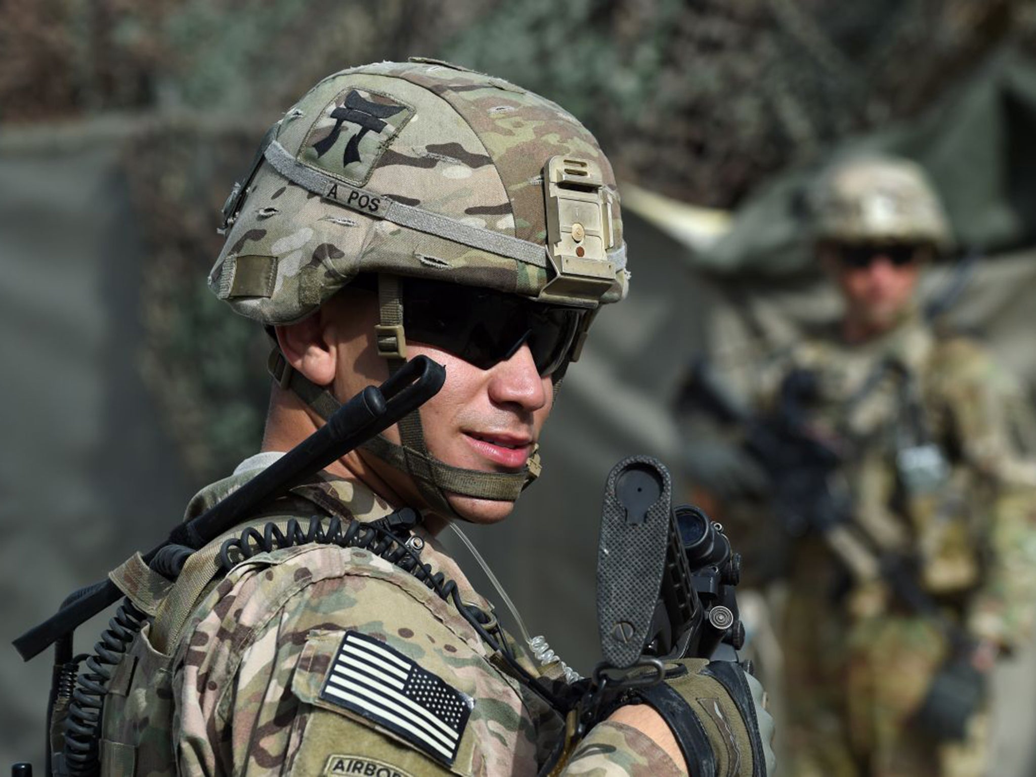 A US soldier guards an Afghan National Army base in the eastern province of Nangarhar