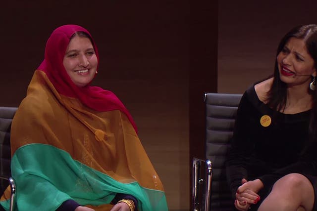Mrs Yousafzai makes the revelation to her interpreter on stage at the Women in the World: London summit