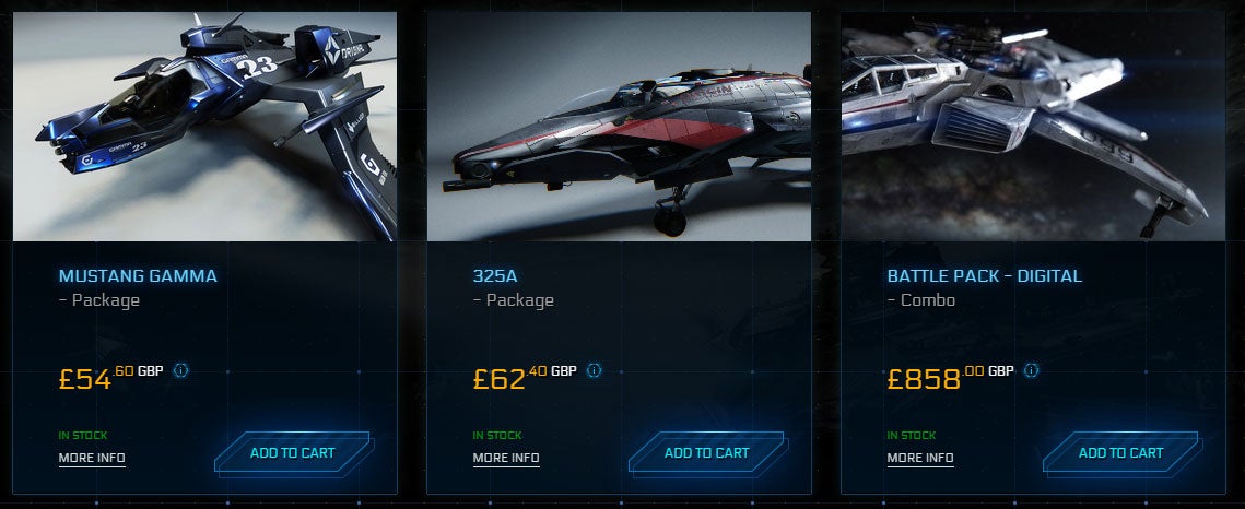 Some of the spaceships that Star Citizen players can buy to get access to the full game upon release