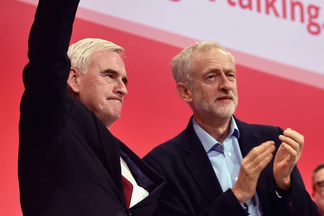 Shadow chancellor John McDonnell and Jeremy Corbyn take applause after addressing the Labour Party autumn conference
