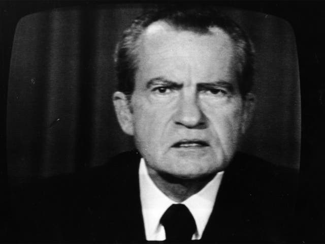 The 37th President of the United States, Richard Nixon, on a television screen.