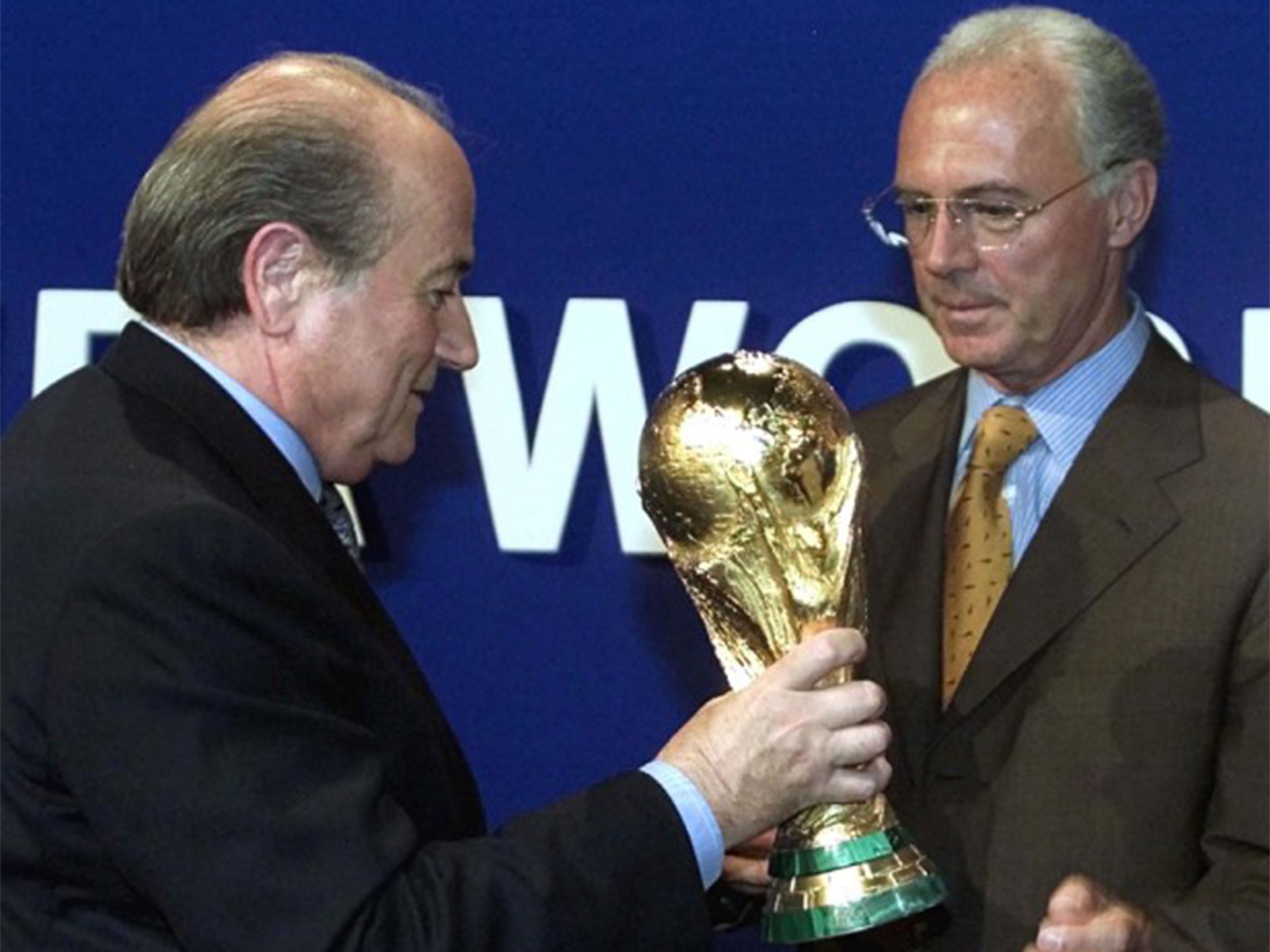 Sepp Blatter with Franz Beckenbauer right, July 2000 handing over a copy of the World Cup trophy