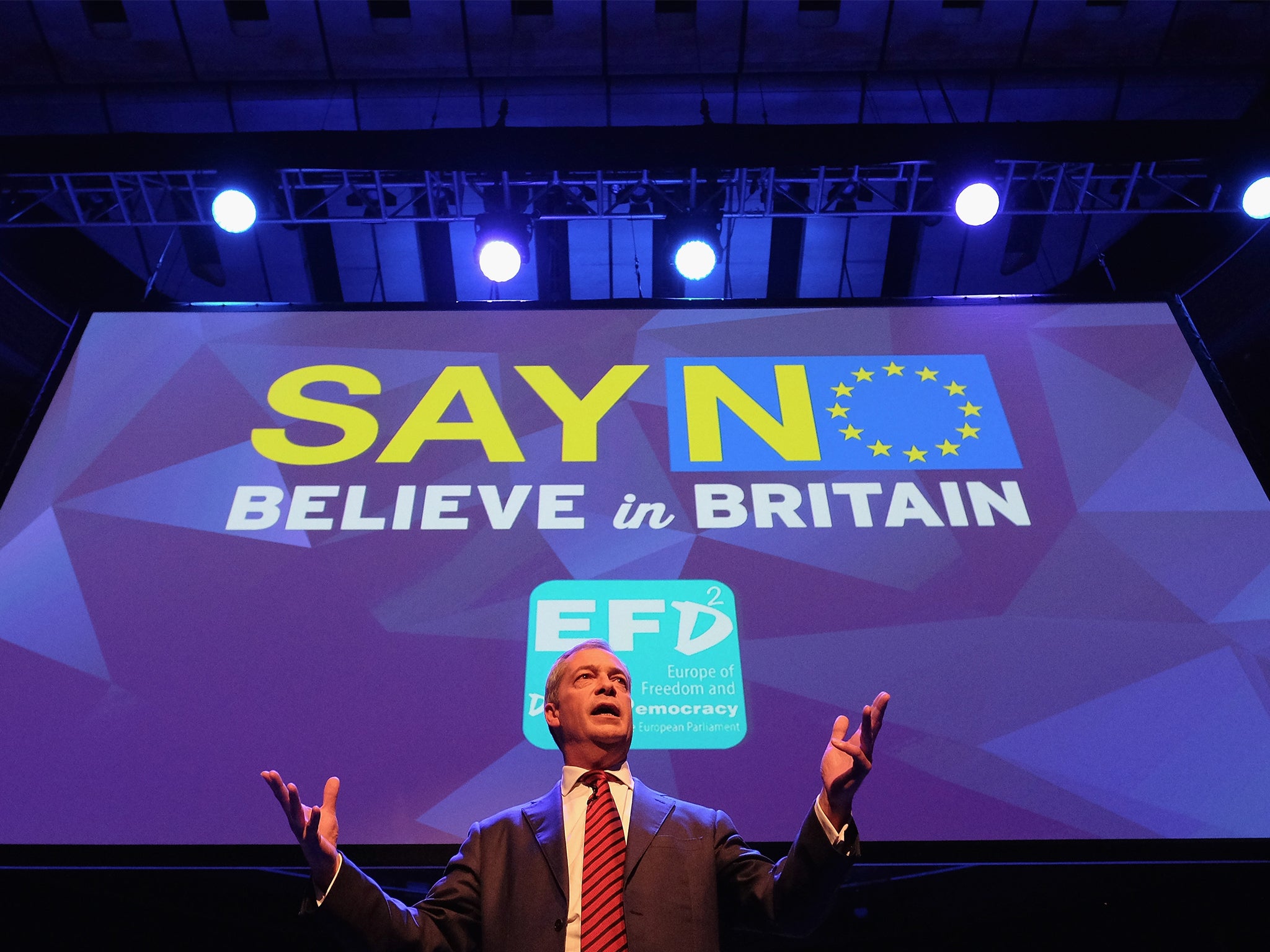 Nigel Farage speaks to supporters and members of the public during a public meeting at the Sage building