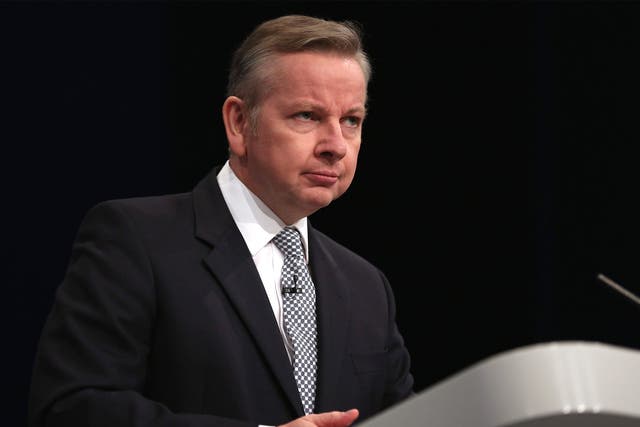 Michael Gove MP for Surrey Heath and Secretary of State for Justice speaks during day one of the Conservative Party Conference
