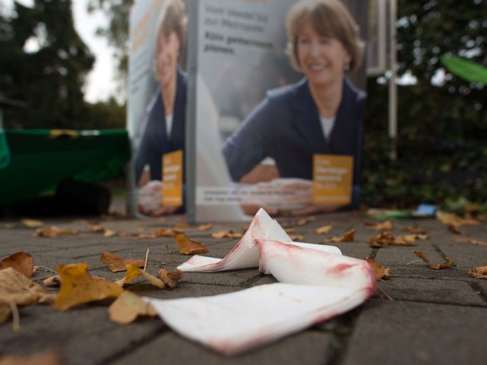 Used bandages material at the crime scene following a knife attack on mayoral candidate Henriette Reker in Cologne, Germany, 17 October 2015.