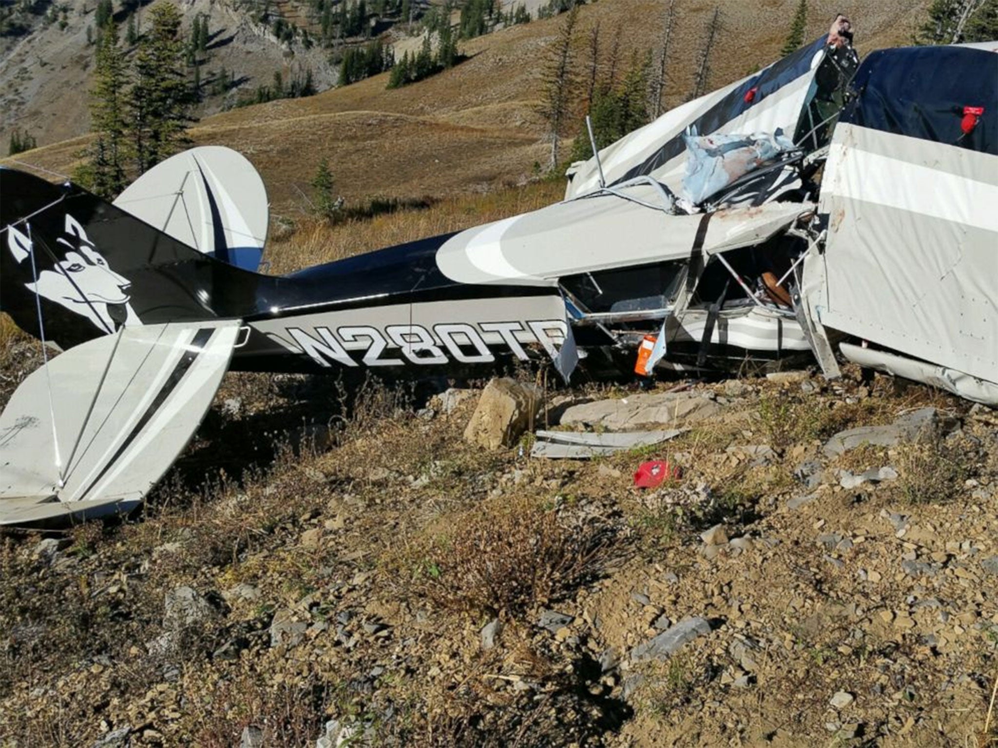 A photo released on Oct. 16, 2015, shows the wreckage of a two-seater plane that crashed in Bonneville County