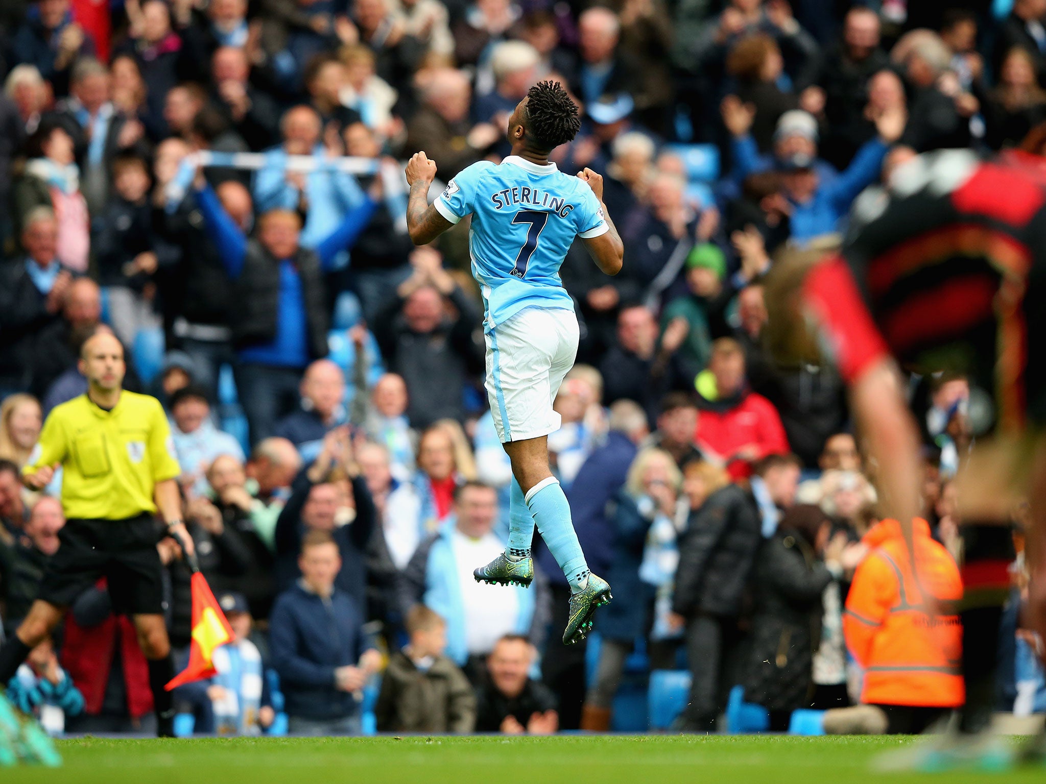 Raheem Sterling celebrates one of his goals against Bournemouth