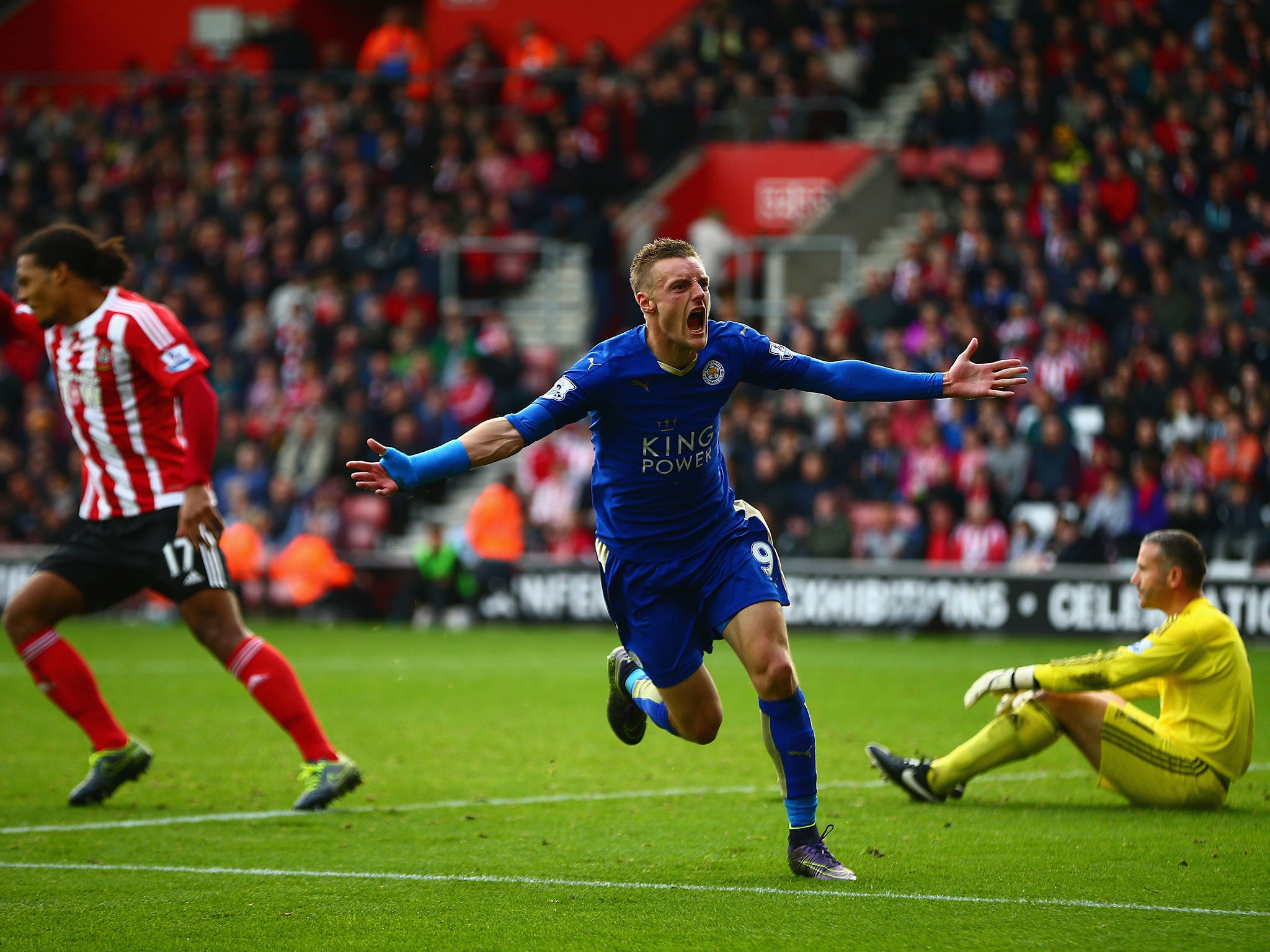 Jamie Vardy of Leicester City celebrates scoring his team's second goal to bring things level