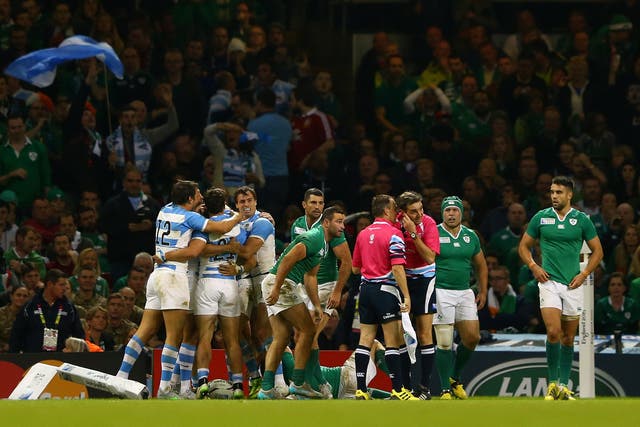 Argentina celebrate after Joaquin Tuculet scores a try against Ireland