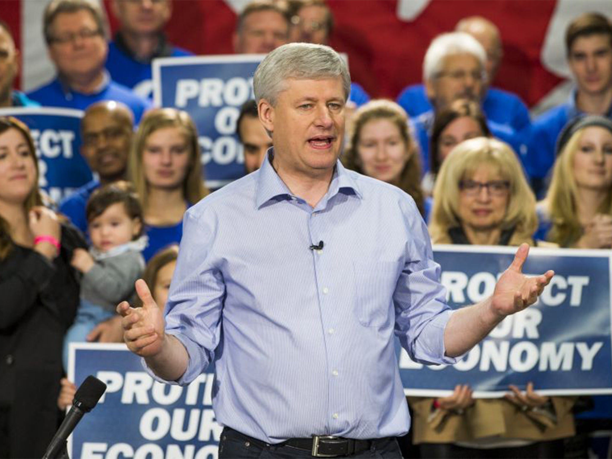 Canada's Prime Minister and Conservative leader Stephen Harper speaks at a rally in Newmarket, Ontario