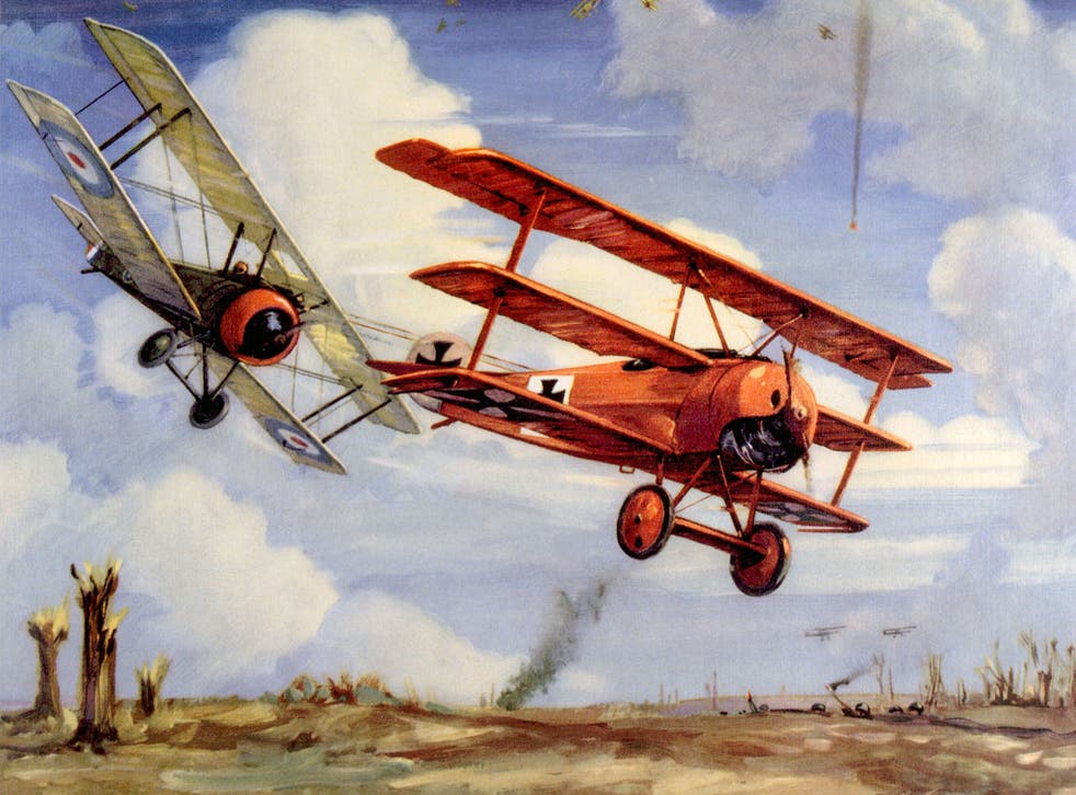 World War I air battle depicting a Canadian Sopwith Camel piloted by Captain A. Roy Brown downing a German Fokker triplaine piloted by Manfred von Richthofen