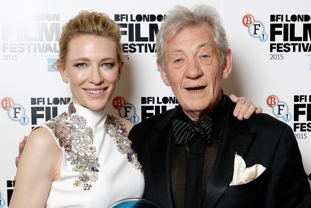 Sir Ian McKellen poses with the winner of the BFI Fellowship Award actress Cate Blanchett