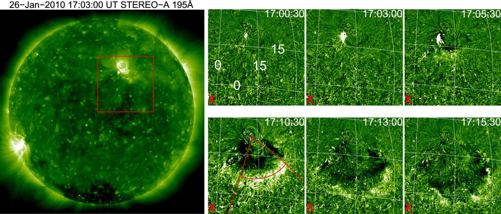 A look at the Sun’s right limb on 26 January 2010. Within the marked red square a large-scale blast wave travels through the Sun’s atmosphere. These images were obtained with the help of NASA’s STERO A probe and show the Sun’s atmosphere in extreme ultraviolet light