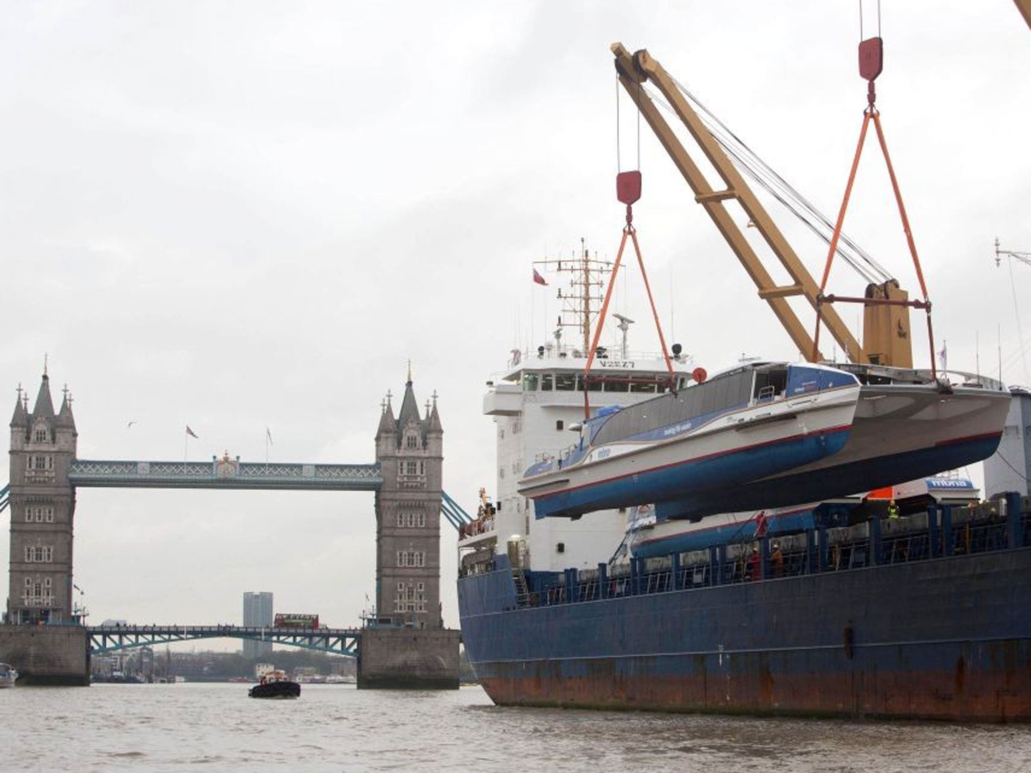 Galaxy Clipper, one of two new catamarans that have travelled over 15,000 miles from where they were built in Tasmania, Australia arrives at their new home on the River Thames in London, to join the MBNA Thames Clippers fleet