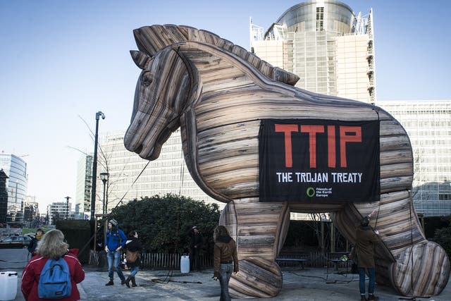 Protest against TTIP outside EU headquarters in Brussels, Belgium - 04 Feb 2015